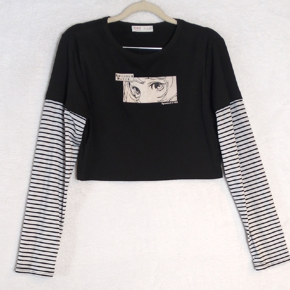 Romwe Junior's Anime Girl Manga Goth Cropped Shirt Size L